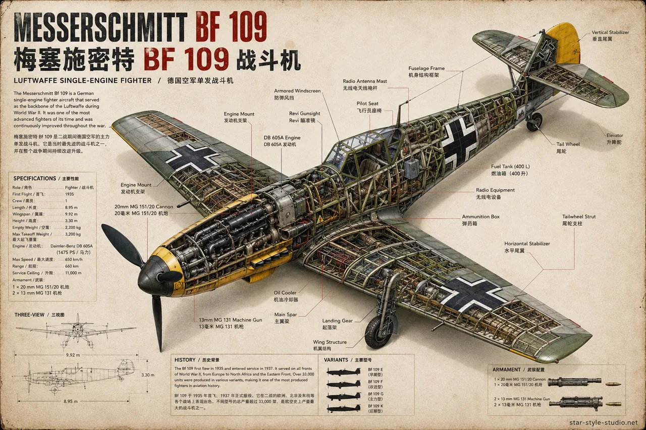 Messerschmitt BF109 anatomy plate