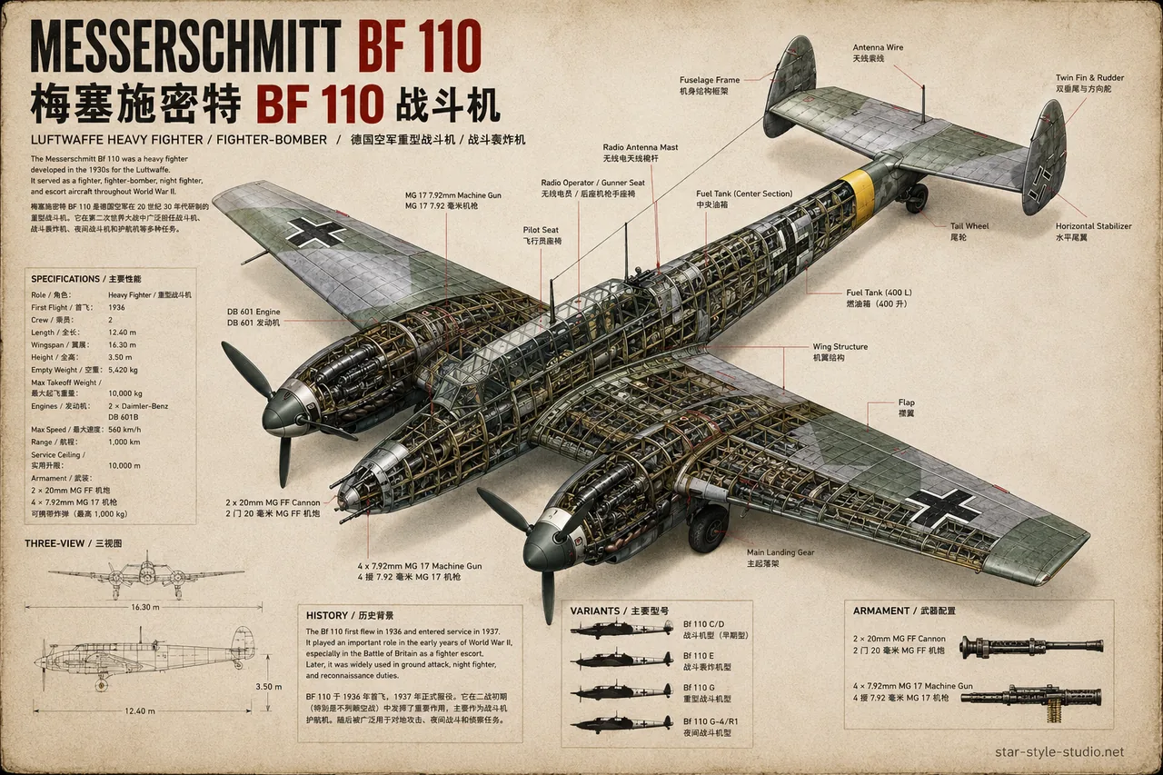 Messerschmitt BF110 anatomy plate