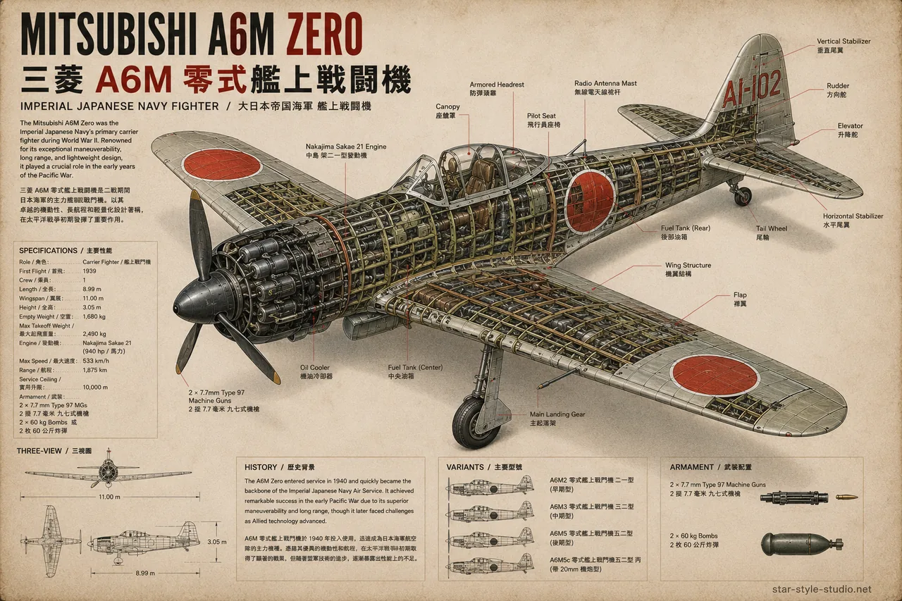 Mitsubishi A6M Zero anatomy plate